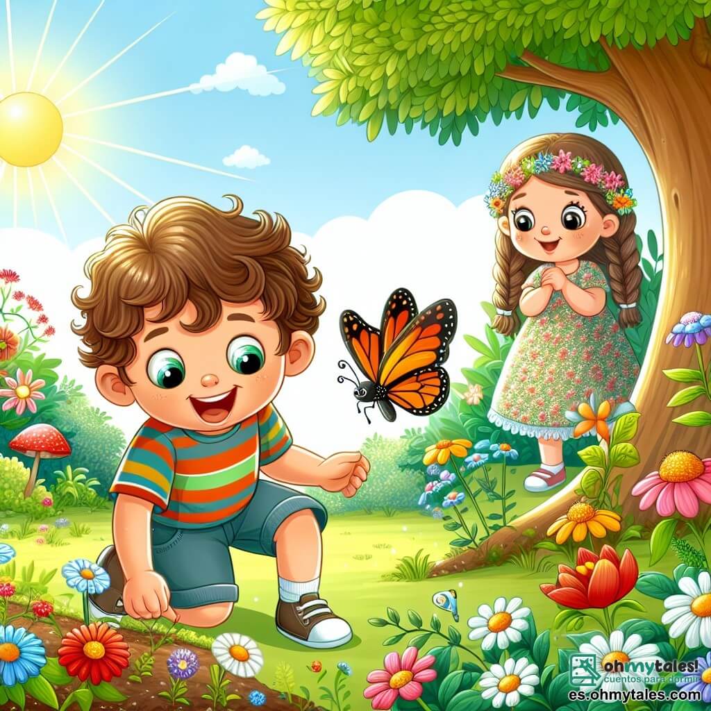Une illustration sous forme de dessin destinée aux enfants représentant un jardin ensoleillé rempli de fleurs colorées et d'arbres majestueux, où un petit garçon de 3 ans aux cheveux bouclés et aux yeux pétillants, vêtu d'un t-shirt rayé et de shorts, est accroupi en train de fouiller dans la terre avec enthousiasme, tandis qu'une mariposa aux ailes brillantes danse autour de lui, et au loin, une petite fille de 3 ans aux cheveux longs et tressés, portant une robe à fleurs, observe avec un sourire curieux, illustrant l'instant magique où les deux amis découvrent ensemble le trésor de l'amitié dans leur aventure.