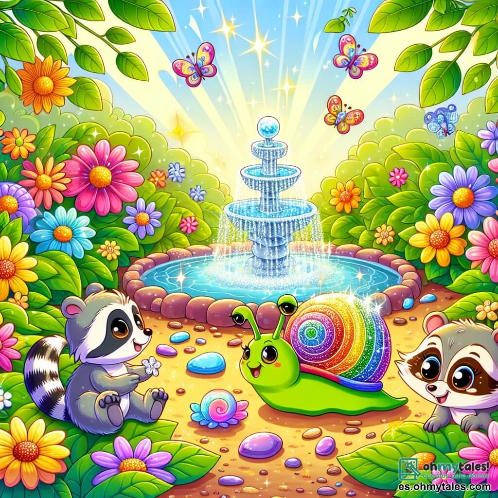 Ilustración que representa un jardín mágico lleno de flores brillantes de todos los colores, donde los rayos de sol filtran a través de las hojas verdes, creando sombras danzantes en el suelo. En el centro, un pequeño caracol de colores vivos, con una concha en forma de arcoíris, se desliza lentamente sobre una hoja, dejando tras de sí un camino brillante de purpurina. A su lado, un pequeño mapache de ojos chispeantes, con un pelaje suave y patas ágiles, observa atentamente, mientras que una tortuga sabia, con un caparazón adornado con patrones delicados, se encuentra en el fondo, sonriendo con benevolencia. La escena captura el momento en que el caracol y sus amigos descubren una magnífica fuente brillante en medio del jardín, rodeada de piedras brillantes, mientras se preparan para hacer un deseo juntos. Mariposas coloridas vuelan a su alrededor, añadiendo un toque de magia a la atmósfera alegre y amigable de esta aventura.