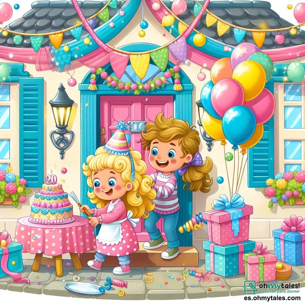 Une illustration destinée aux enfants représentant un garçon malicieux préparant une fête surprise pour sa maman, accompagné de sa meilleure amie, une fille joyeuse aux boucles dorées, dans une charmante maison aux murs roses et aux volets bleus, décorée de guirlandes colorées et de ballons brillants.