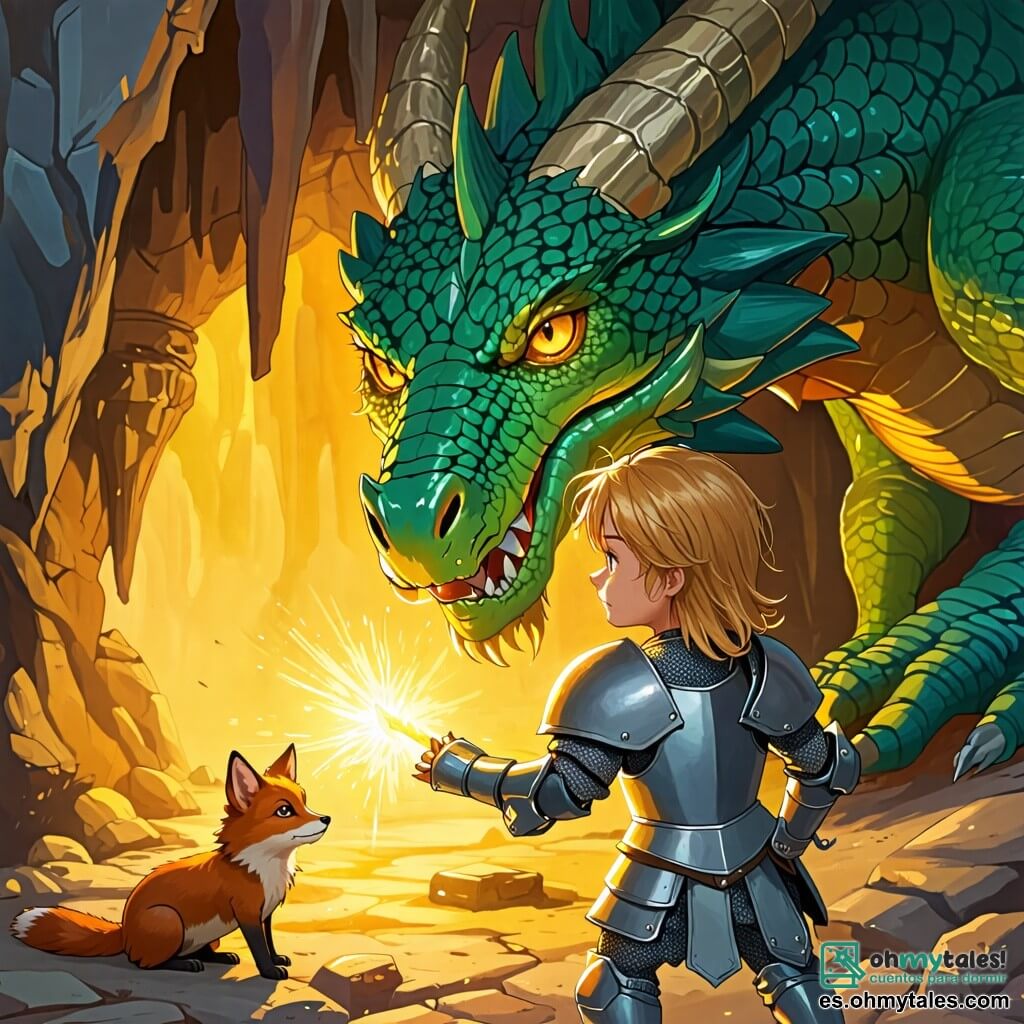 Une illustration sous forme de dessin destinée aux enfants représentant un jeune chevalier aux cheveux dorés et à la peau claire, portant une armure brillante légèrement trop grande pour lui, se tenant courageusement devant un majestueux dragon aux écailles vertes et aux yeux dorés, dans une caverne illuminée par un éclat doré, tandis qu'un petit zorro aux yeux malicieux l'observe avec curiosité, capturant l'instant où le chevalier doit résoudre une énigme pour accéder au trésor lumineux caché dans la grotte.