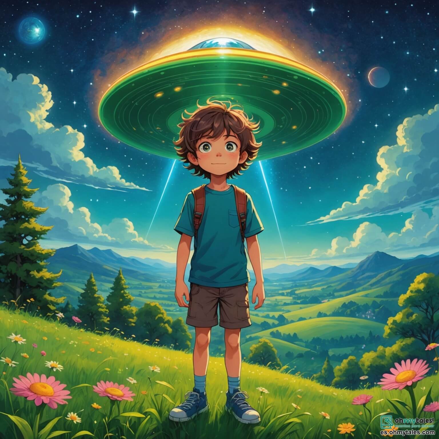 Une illustration destinée aux enfants représentant un garçon aux yeux pétillants et aux cheveux en bataille, debout au sommet d'une colline verdoyante, observant avec émerveillement une brillante soucoupe volante qui descend lentement, tandis qu'à ses côtés se tient une créature extraterrestre aux couleurs éclatantes et aux grands yeux ronds, dans un paysage enchanteur de champs fleuris et d'arbres majestueux sous un ciel étoilé scintillant.