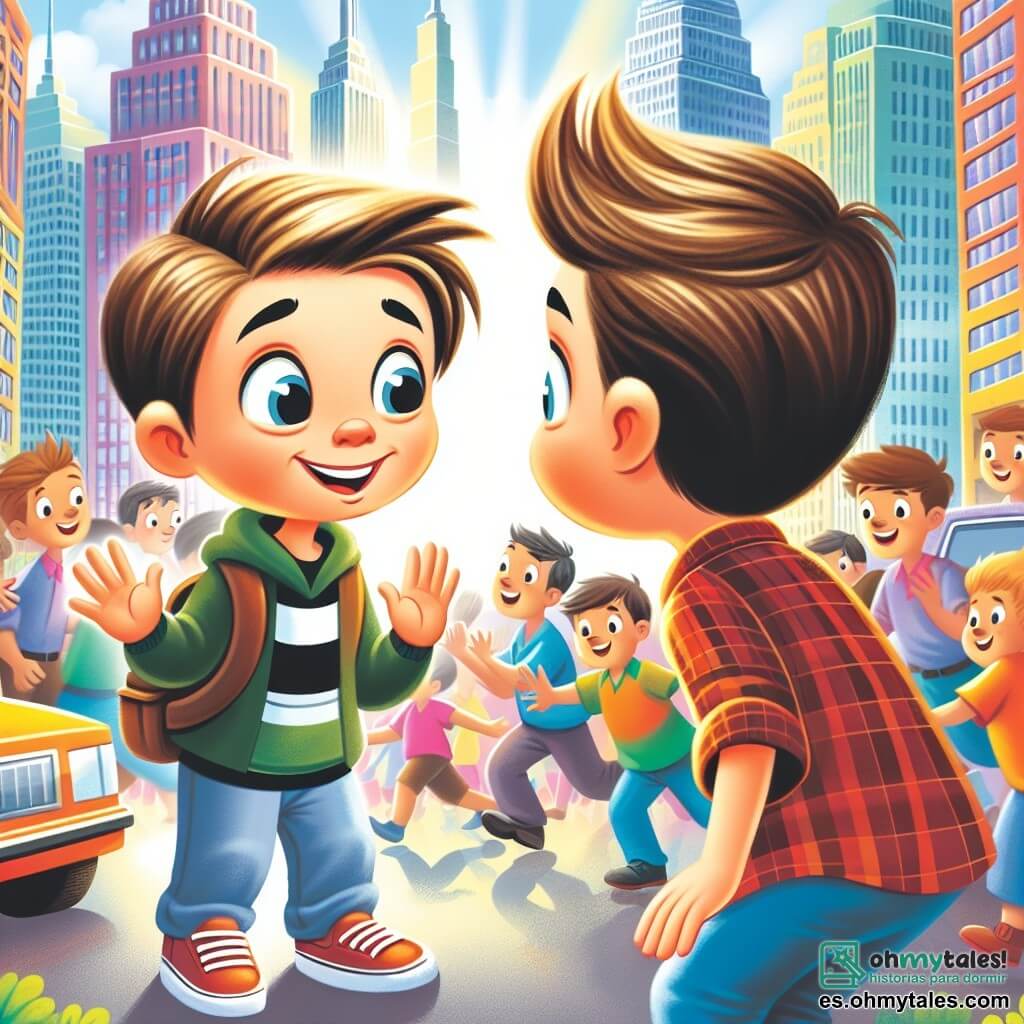 Une illustration destinée aux enfants représentant un jeune garçon curieux et énergique, faisant face à de nouvelles situations dans une ville animée, où il se lie d'amitié avec un camarade extraverti, dans un environnement urbain avec des gratte-ciels colorés et un trafic animé.
