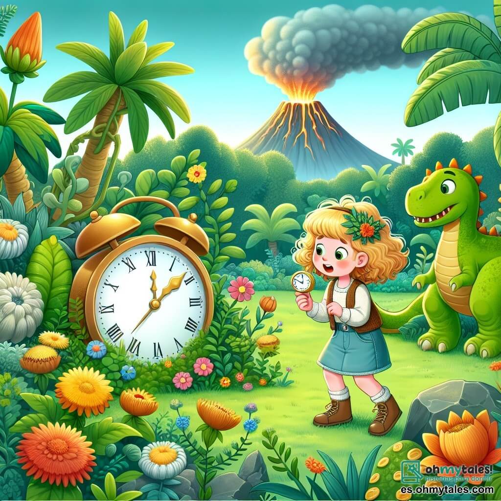 Une illustration destinée aux enfants représentant une petite fille aux boucles dorées découvrant un reloj magique dans un jardin fleuri, accompagnée d'un gentil dinosaure vert, dans un monde préhistorique rempli de plantes géantes et d'un volcan en éruption au loin.