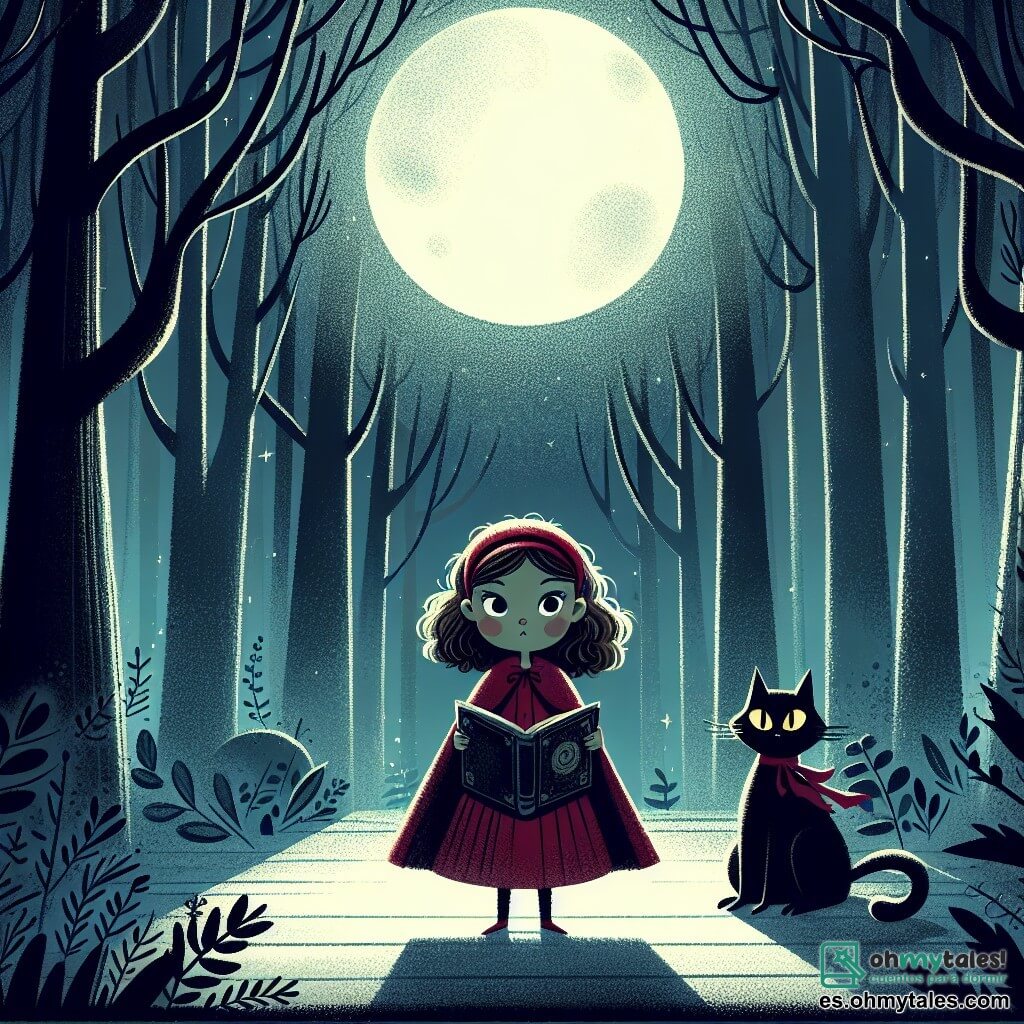 Une illustration sous forme de dessin destinée aux enfants représentant un clair de lune mystérieux dans un forêt sombre et dense, où une fille de 11 ans aux cheveux bruns et bouclés, portant un manteau rouge, se tient courageusement au centre, tenant un vieux livre ancien ouvert, tandis qu'un chat noir aux yeux brillants l'observe avec curiosité, et en arrière-plan, des ombres dansent entre les arbres, évoquant une atmosphère à la fois effrayante et fascinante, symbolisant le moment où elle affronte ses peurs.