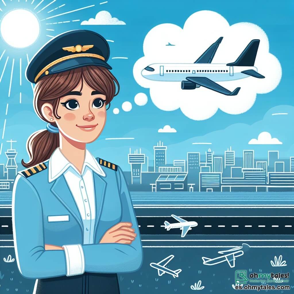Une illustration destinée aux enfants représentant une jeune pilote d'avion, rêvant de voler au-dessus d'un aéroport animé, avec un avion en arrière-plan et un soleil brillant dans un ciel bleu azur.