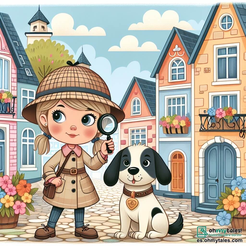 Une illustration destinée aux enfants représentant une détective intrépide, résolvant un mystère avec l'aide de son fidèle chien détective, dans un pittoresque village aux maisons colorées et aux ruelles pavées bordées de fleurs.