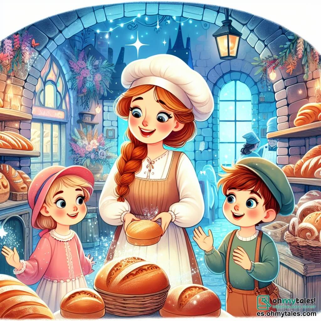 Une illustration destinée aux enfants représentant une boulangère chaleureuse et bienveillante, une fille curieuse et un garçon aventureux, dans une panadería magique et enchantée, où la magie se mêle à l'arôme délicieux du pain fraîchement cuit.