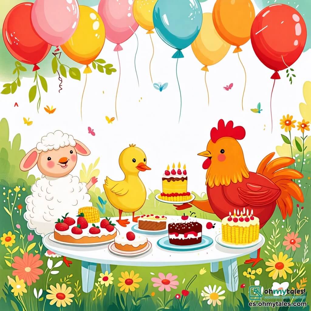 Une illustration sous forme de dessin destinée aux enfants représentant un charmant jardin ensoleillé, rempli de fleurs colorées et de ballons flottants, où une poule rousse aux plumes brillantes et au sourire joyeux prépare une fête en dressant une grande table avec des plats de maïs et des gâteaux, tandis qu'un canard jaune aux plumes douces et une douce mouton blanche aux yeux pétillants l'aident en apportant des gâteaux, le tout dans une ambiance festive et amicale, avec des rires et des éclats de joie.