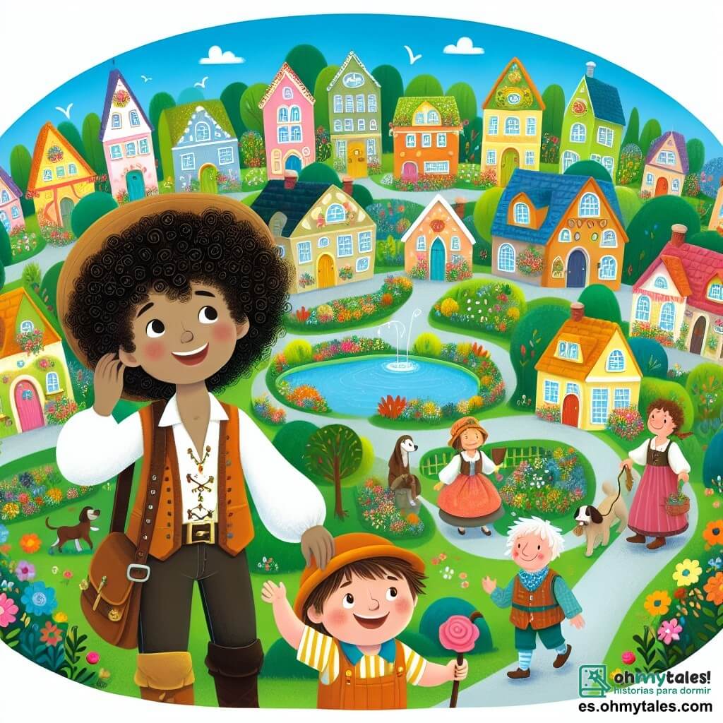Une illustration destinée aux enfants représentant un jeune garçon aux cheveux bouclés, découvrant un nouveau voisinage coloré et diversifié, avec un ami à ses côtés, dans un village enchanté rempli de maisons colorées, de jardins fleuris et d'habitants souriants de tous horizons.