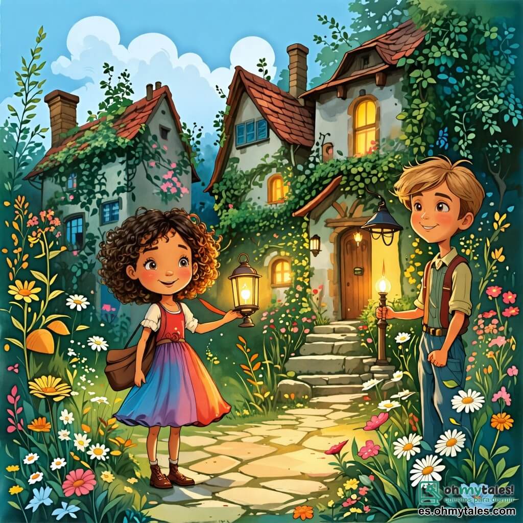 Une illustration sous forme de dessin destinée aux enfants représentant un village magique et oublié, avec des maisons recouvertes de fleurs et de lianes, où une petite fille de 4 ans aux cheveux bouclés et aux yeux pétillants, vêtue d'une robe colorée, se tient courageusement devant une grande maison ancienne, tenant une lampe à la main, tandis qu'à ses côtés, un garçon de 5 ans aux cheveux blonds et au sourire espiègle regarde autour de lui, tous deux prêts à explorer et à sauver la tante de la petite fille, entourés de créatures de la forêt curieuses et d'un ciel bleu parsemé de nuages moelleux.