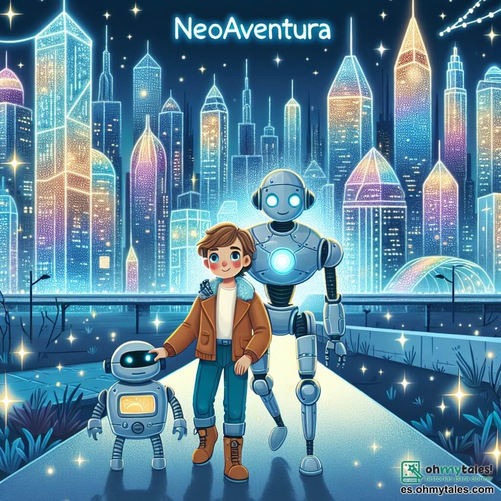 Une illustration destinée aux enfants représentant un garçon courageux vivant dans une ville futuriste, découvrant un robot abandonné avec l'aide de son fidèle compagnon robot, dans la vibrante et scintillante NeoAventura, où les bâtiments brillent de mille feux et les hologrammes dansent dans le ciel.