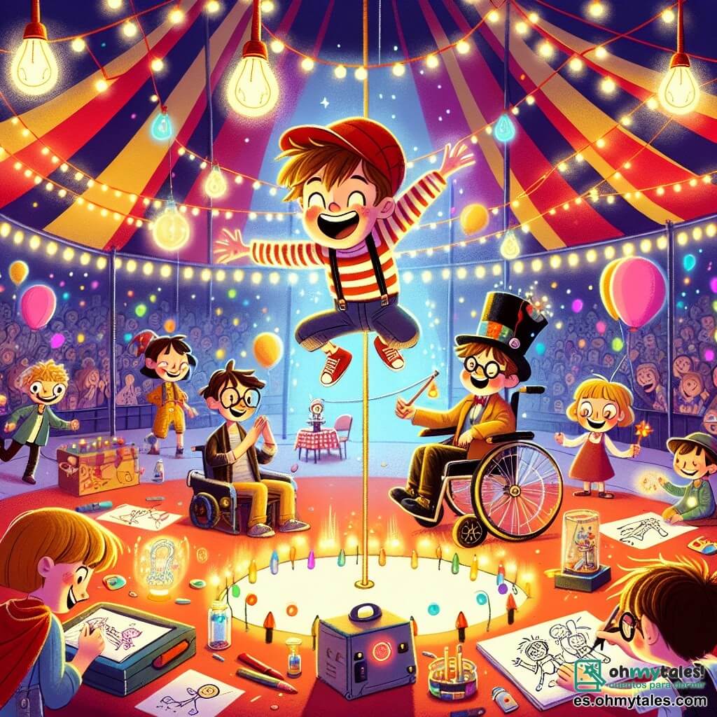 Ilustración que representa una escena vibrante dentro de una gran carpa de circo colorida, con rayas rojas y amarillas entrelazadas, iluminada por guirnaldas de luces centelleantes. En el centro, un niño de 11 años con un gorro rojo y cabello despeinado, suspendido en un trapecio, muestra una gran sonrisa de emoción. A sus pies, una niña de 10 años, con gafas y un cuaderno de bocetos, observa con asombro, dibujando figuras de circo en su página. Un niño de 12 años, sentado en una silla de ruedas decorada con luces intermitentes, utiliza un pequeño dispositivo que ha inventado para crear efectos de luz alrededor de la escena. Junto a él, un niño de 11 años, vestido de mago, agita una varita mágica, listo para realizar un truco. La atmósfera está llena de risas y aplausos, con globos de colores flotando en el aire y confeti cayendo suavemente, añadiendo un toque de magia a esta aventura circense.