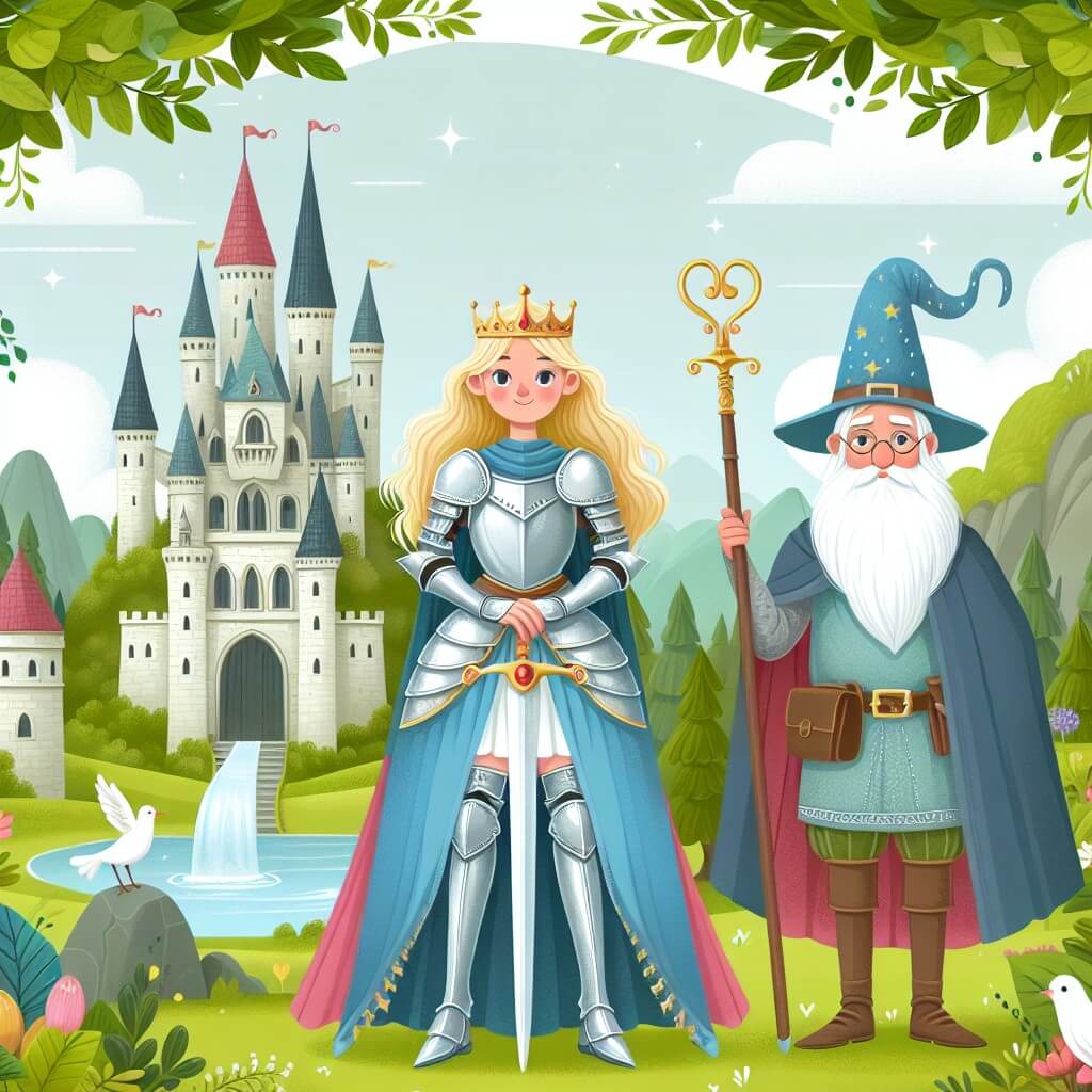 Une illustration destinée aux enfants représentant une chevalière courageuse se tenant fièrement devant un château médiéval, accompagnée d'un sage magicien, dans un royaume verdoyant et enchanté.