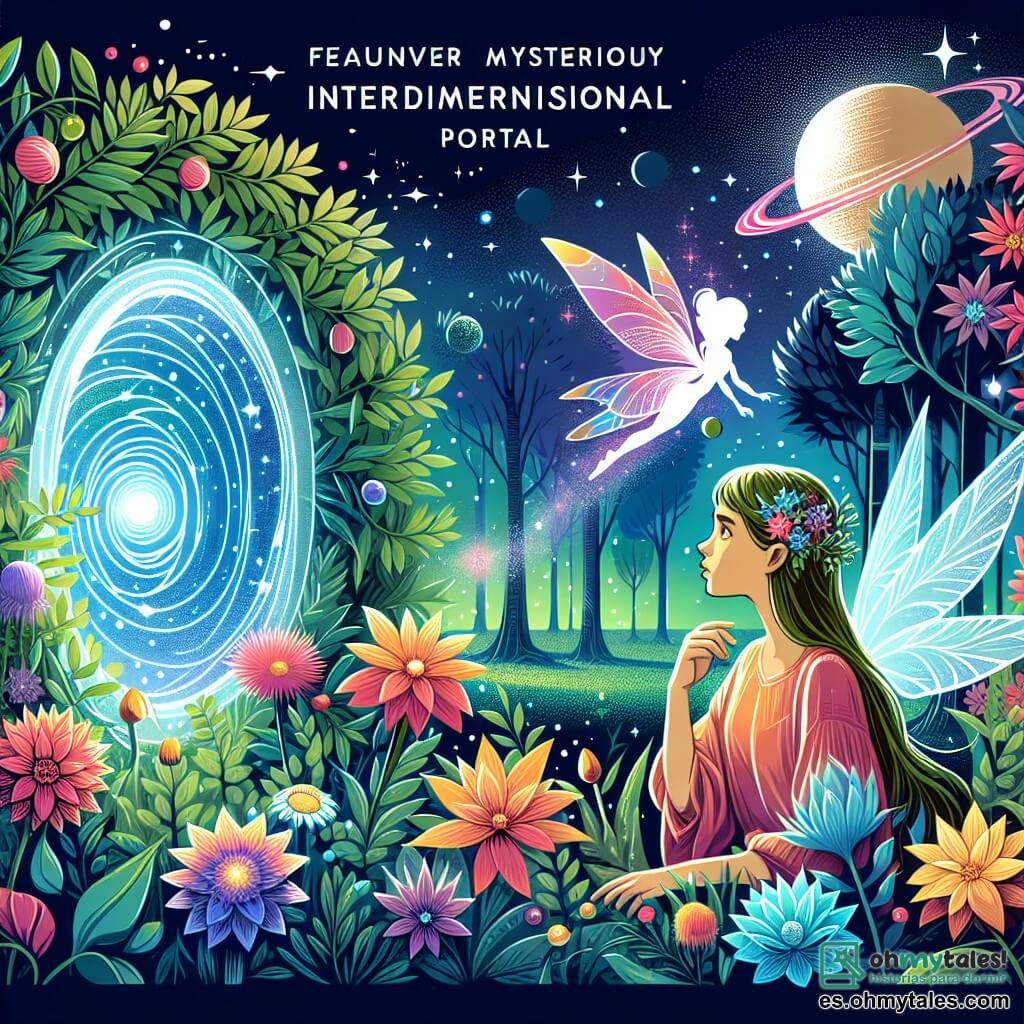 Une illustration destinée aux enfants représentant une jeune femme rêveuse découvrant un mystérieux portail interdimensionnel, accompagnée d'une lumineuse fée dans un luxuriant bosquet de fleurs multicolores sur le planète Astroluna.