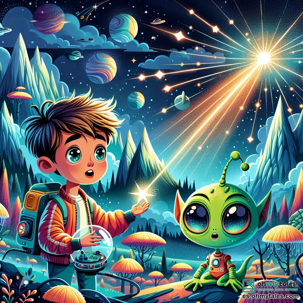 Une illustration sous forme de dessin destinée aux enfants représentant un paysage féerique d'un monde spatial, avec des forêts luminescentes et des montagnes flottantes, où un jeune garçon aux cheveux ébouriffés et aux yeux pétillants, vêtu d'une combinaison spatiale colorée, se tient émerveillé devant une étoile brillante qui descend vers lui, tandis qu'à ses côtés, un alien vert à la peau luisante et aux grands yeux curieux ajuste les commandes d'une petite navette spatiale, le tout évoquant une atmosphère d'aventure et de magie dans un univers infini.