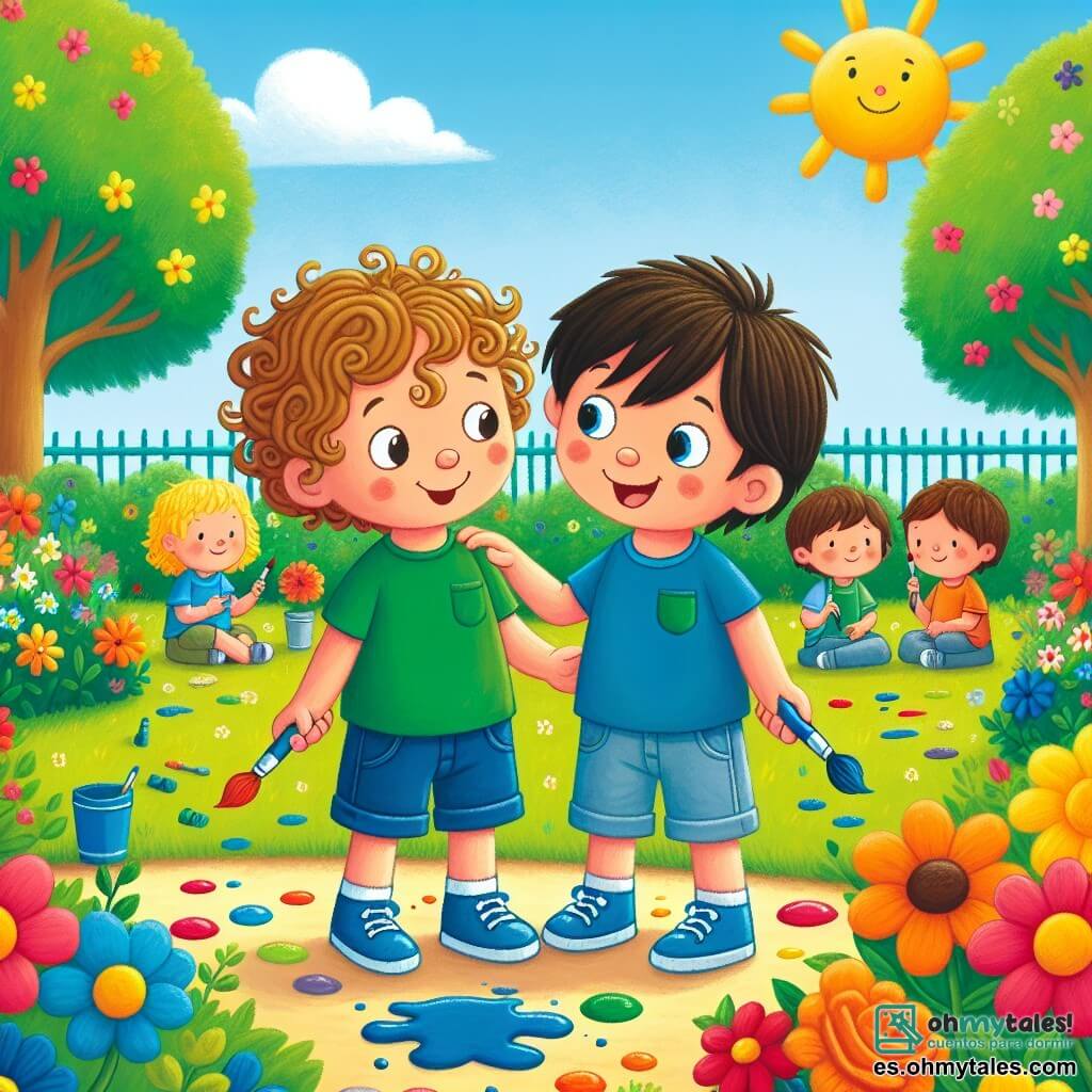 Ilustración que representa un jardín escolar soleado, lleno de flores coloridas y árboles frondosos. En el centro, un gran panel de madera donde los niños pintan un mural vibrante con colores brillantes: rojo, azul y amarillo. Dos niños de cuatro años están uno al lado del otro. El primer niño, con cabello rizado y una gran sonrisa, lleva una camiseta verde y un pantalón corto azul. Sostiene un pincel en una mano y mira a su amigo con entusiasmo. El segundo niño, que lleva una gorra azul, tiene cabello castaño y ojos chispeantes. Tiene pintura azul en la cara y ríe alegremente. La escena muestra a los dos amigos conversando, uno de ellos dudando en decir la verdad sobre una pequeña broma que ha ideado. Salpicaduras de pintura colorida son visibles a su alrededor, y otros niños, concentrados en su propia pintura, contribuyen a la atmósfera alegre y creativa. Un cielo azul claro con algunas nubes blancas esponjosas completa este cuadro animado.