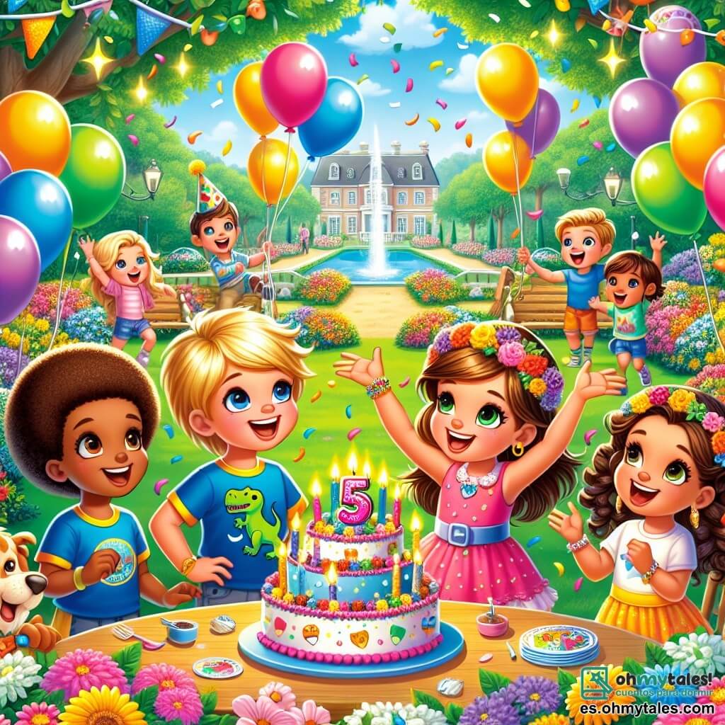 Ilustración que representa un parque colorido, lleno de flores brillantes y grandes árboles con hojas verdes. En el centro, un grupo de niños está reunido alrededor de una gran mesa decorada con globos multicolores y un enorme pastel de cumpleaños con velas encendidas. Entre ellos, un niño de cinco años con cabello rubio brillante, que lleva una camiseta amarilla con un dibujo de dinosaurio, sonríe con asombro. A su lado, una niña de cinco años con trenzas castañas, vestida con un vestido rosa, levanta los brazos al aire gritando "¡Sorpresa!". Otros niños, un chico con cabello castaño y una gorra azul, y una niña con cabello rizado que lleva una corona de flores, lanzan confeti al aire, llenando la atmósfera de alegría y color. Al fondo, vecinos sonrientes se unen a la fiesta, y un perro de pelo dorado, alegre, corre alrededor de ellos, añadiendo un toque de vida a esta escena festiva.