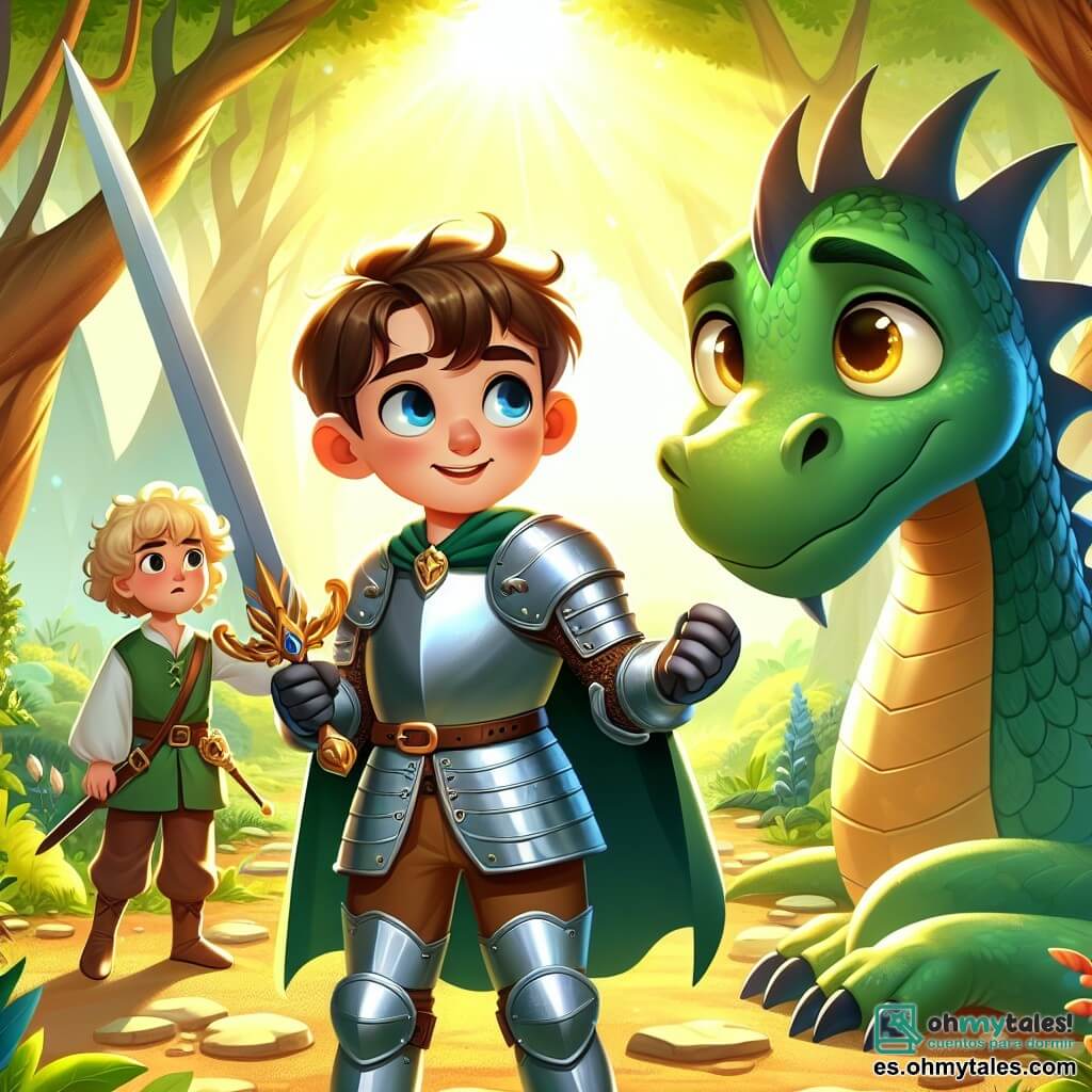 Une illustration sous forme de dessin destinée aux enfants représentant un vaste et magnifique clairière ensoleillée, entourée de grands arbres verdoyants, où un jeune chevalier courageux, un garçon avec une armure brillante et un sourire déterminé, se tient avec une épée levée, prêt à défendre son ami, un grand dragon aux écailles vertes et aux yeux dorés, qui semble triste et vulnérable, tandis que son fidèle écuyer, un garçon aux cheveux bouclés et au visage curieux, s'approche avec un regard d'encouragement, illustrant le moment où ils unissent leurs forces pour surmonter la peur et trouver un chemin vers l'amitié.