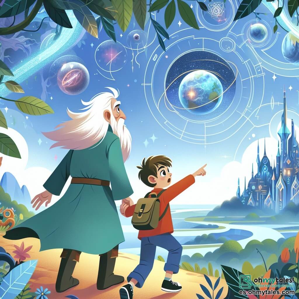 Une illustration destinée aux enfants représentant un garçon courageux plongé dans une aventure fantastique aux côtés de son grand-père sage, explorant un royaume magique aux paysages spectaculaires mêlant technologie futuriste et nature luxuriante.