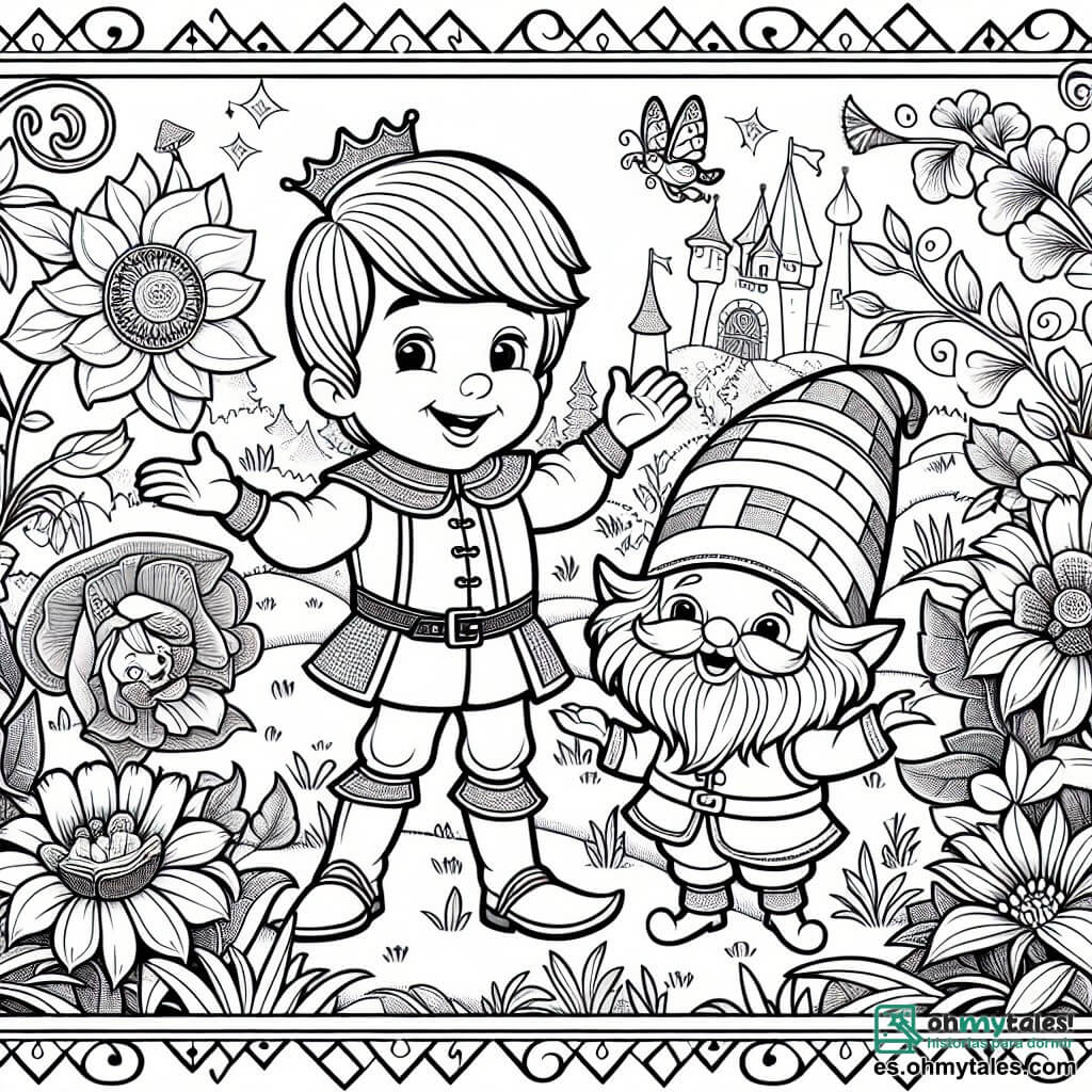 Une illustration destinée aux enfants représentant un prince joyeux et courageux, accompagné d'un drôle de petit lutin, dans un jardin enchanté où les fleurs chantent et les animaux parlent.
