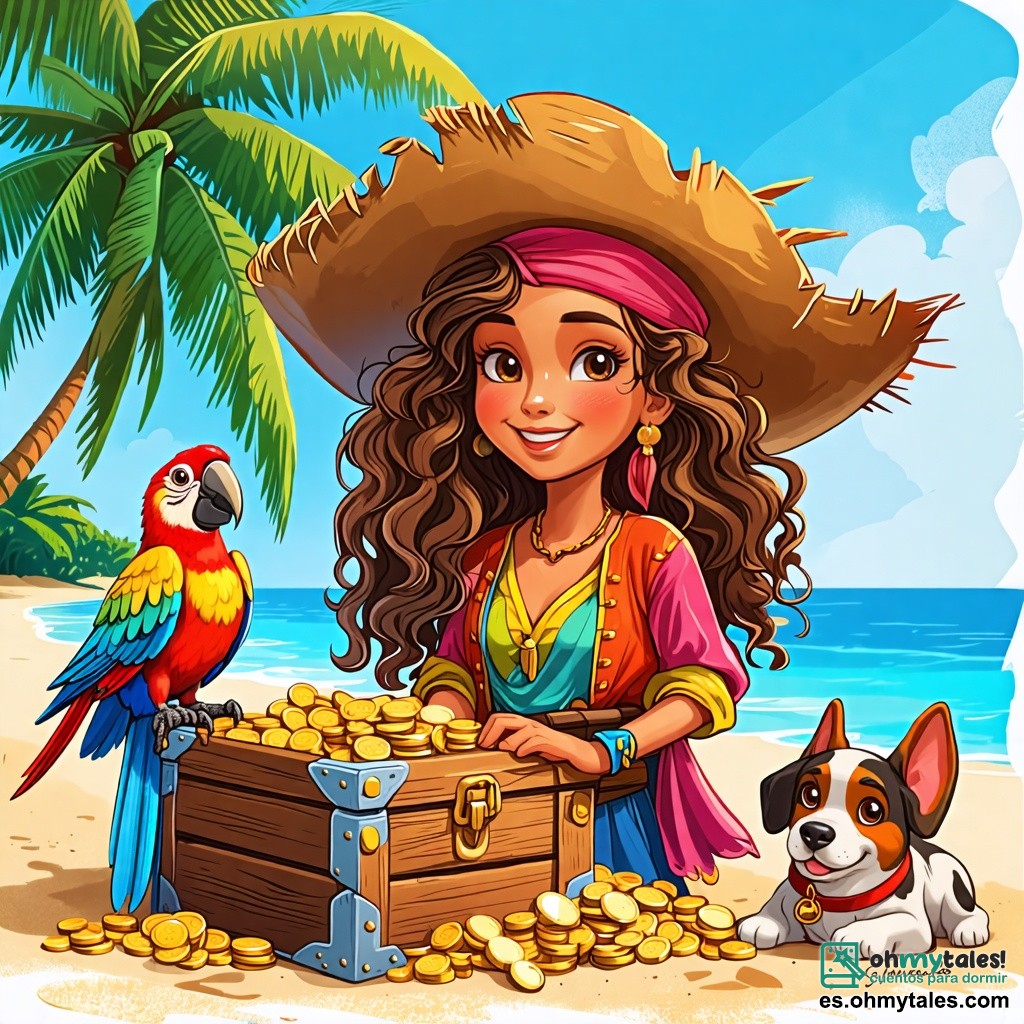 Une illustration sous forme de dessin destinée aux enfants représentant une plage ensoleillée avec des palmiers et un ciel bleu, où une jeune femme pirate aux cheveux longs et bouclés, portant un grand chapeau et une chemise colorée, examine un vieux trésor en bois avec un sourire émerveillé, tandis qu'un perroquet coloré aux plumes vives se perche sur son épaule et un chien aux grandes oreilles, un peu maladroit, renifle autour d'un coffre rempli de pièces d'or et de bonbons, capturant l'instant magique où ils découvrent le trésor tant recherché.
