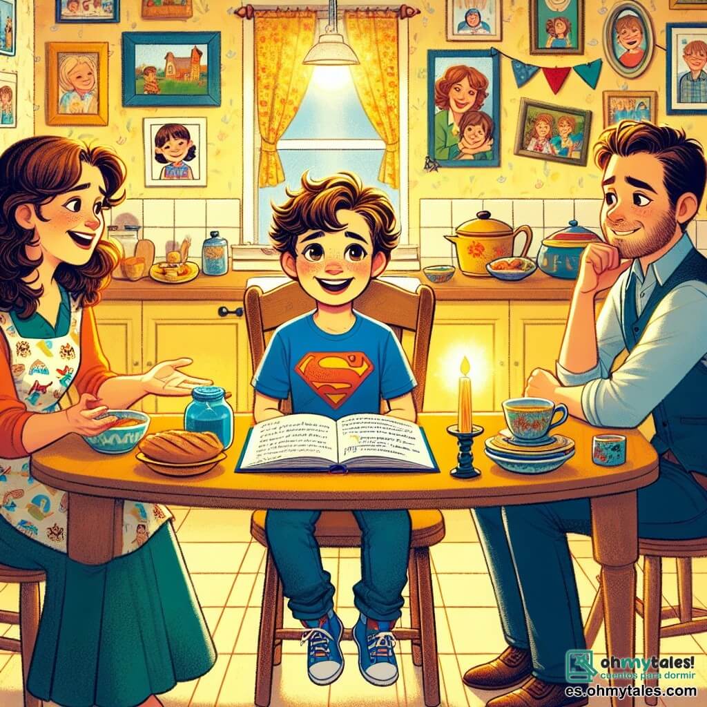 Ilustración que representa una escena cálida en una cocina familiar, donde las paredes pintadas de amarillo claro están decoradas con dibujos de niños y fotos familiares. Una gran mesa de madera está dispuesta en el centro, con platos coloridos y velas encendidas, creando un ambiente acogedor. En el centro de la imagen, un niño de 11 años, con cabello castaño y ojos brillantes, está sentado en una silla de madera. Lleva una camiseta azul con un diseño de superhéroe y unos jeans informales. Su rostro expresa entusiasmo y determinación, mientras sostiene un libro abierto en sus piernas, listo para compartir sus ideas. A su lado, hay dos adultos: una mujer de unos 35 años, con cabello largo y rizado, que lleva un delantal colorido y sonríe con amabilidad, y un hombre de unos 37 años, con cabello corto y barba bien cuidada, que mira a su hijo con orgullo. Parecen involucrados en una conversación atenta, escuchando al niño con interés. La situación principal muestra al niño explicando con pasión su idea de una reunión familiar, mientras sus padres lo escuchan atentamente, creando una atmósfera de comprensión y amor. Elementos gráficos adicionales incluyen libros apilados en una estantería, una ventana abierta que deja entrar la luz del sol y plantas verdes que añaden un toque de vida a la escena.