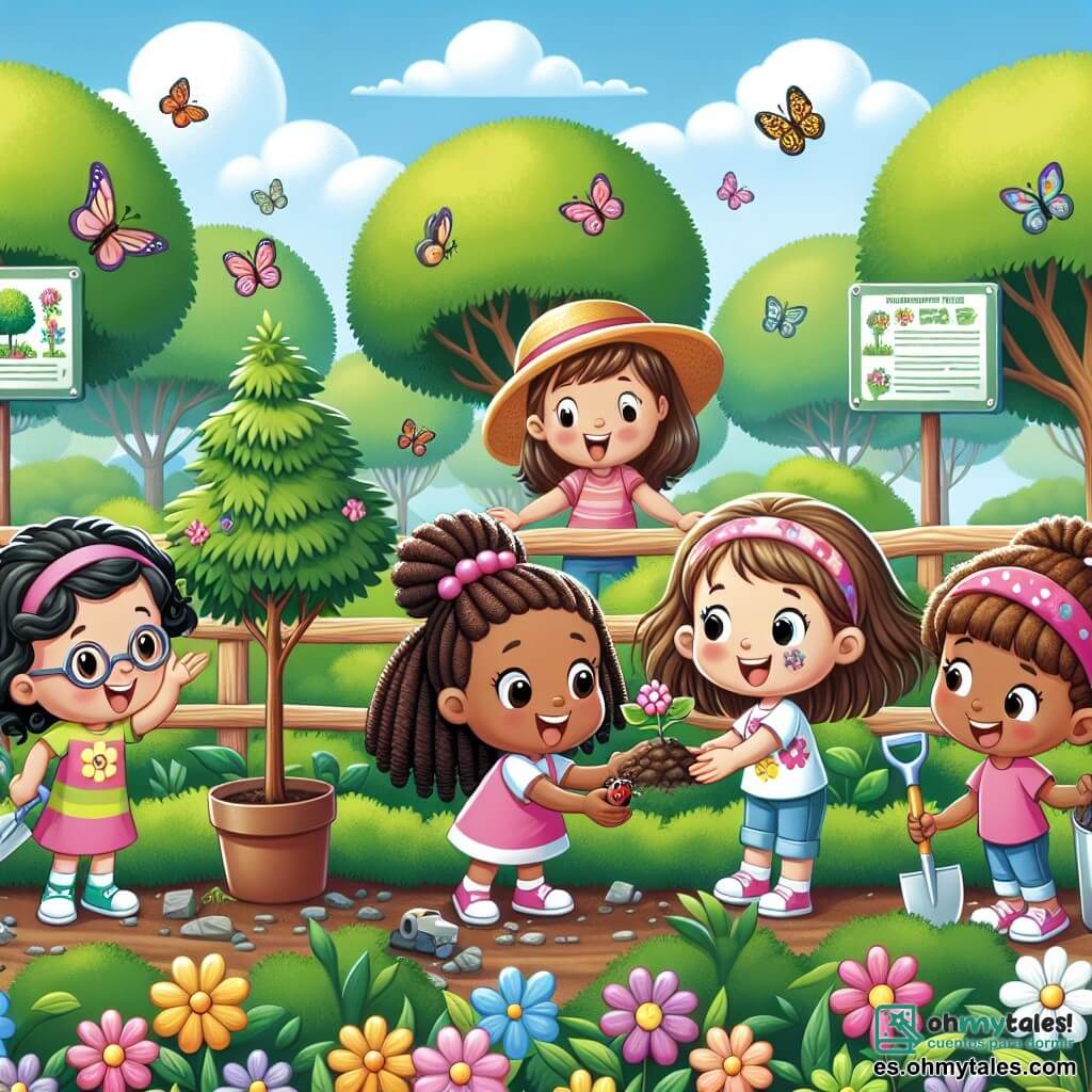 Ilustración que representa un parque verde, lleno de flores coloridas y grandes árboles con hojas exuberantes. En el centro, un grupo de cinco niñas de seis años se sostiene alegremente. Tienen el cabello largo y rizado, trenzas y moños, y llevan camisetas coloridas con motivos florales. Una de ellas, con gafas, sostiene una pequeña pala y planta un joven árbol, mientras que otra, con un sombrero de paja, recoge basura con una gran sonrisa. Las otras niñas, una con una camiseta rosa y la otra con una camiseta verde, miran con asombro a una mariquita posada en la mano de una de ellas. En el fondo, los pájaros cantan en los árboles y las mariposas vuelan alrededor de las flores, creando una atmósfera alegre y dinámica. Se ven paneles informativos sobre la conservación del medio ambiente, añadiendo un toque educativo a la escena.