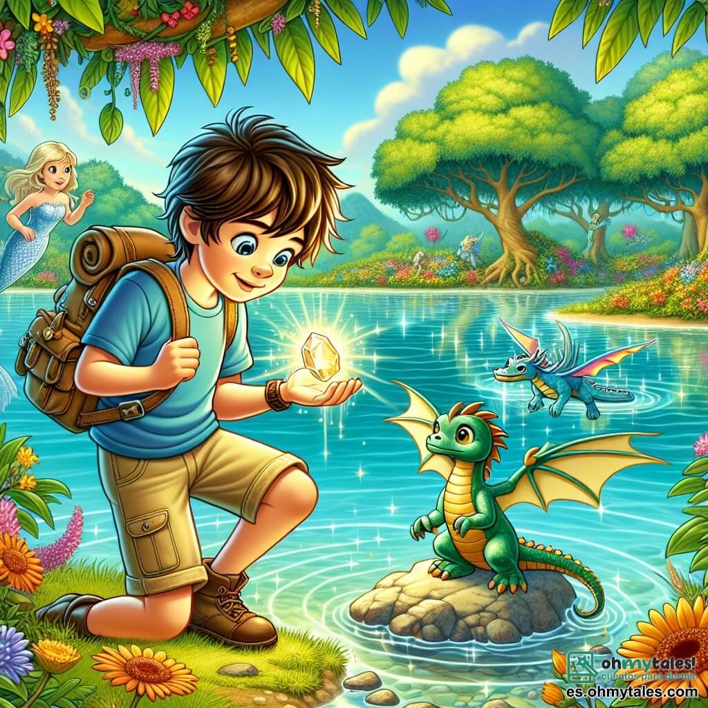Ilustración que representa un hermoso lago de aguas cristalinas, rodeado de grandes árboles con hojas verdes brillantes y flores coloridas que bailan con el viento. En el centro, un niño de 9 años, con cabello castaño desordenado y ojos brillantes de curiosidad, está en una pequeña isla, mirando una piedra brillante que emite una suave luz dorada. Lleva una camiseta azul y un pantalón corto beige, y tiene una pequeña mochila llena de tesoros de aventura. A su lado, un pequeño dragón de escamas azules y ojos dorados vuela alegremente, con sus alas translúcidas brillando al sol. Juntos, se preparan para descubrir el misterio de la piedra mágica, mientras una suave brisa hace ondular el agua del lago, creando reflejos centelleantes. Al fondo, sirenas de cabello dorado y escamas coloridas observan con sonrisas amables, añadiendo un toque de magia a esta escena de aventura.