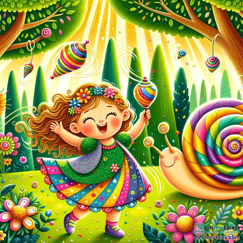 Ilustración que representa un claro de bosque soleado, lleno de flores coloridas y grandes árboles con hojas verdes brillantes. En el centro, una niña de 3 años, con largos cabellos rizados y una sonrisa radiante, lleva un vestido de lunares coloridos. Ella está bailando alegremente, sosteniendo un trompo multicolor que gira rápidamente en su mano. A su lado, un caracol gigante, con una concha brillante y ojos chispeantes, aplaude con entusiasmo, sus antenas balanceándose al ritmo de la música. La escena irradia una atmósfera de magia y felicidad, con trompos coloridos que bailan a su alrededor, creando un ambiente festivo y lúdico. Rayos de sol filtran a través de las ramas, iluminando todo con una luz dorada.