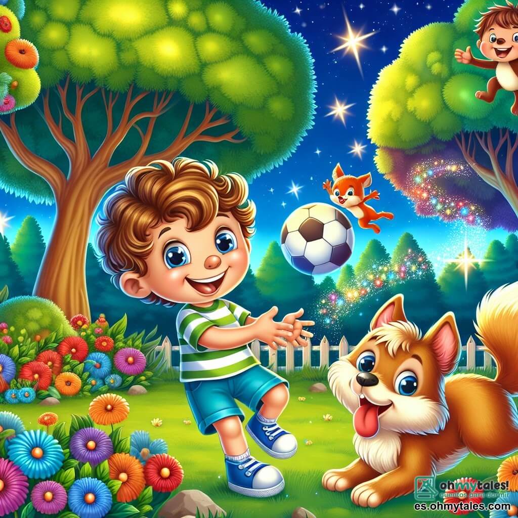 Ilustración que representa un parque colorido al atardecer, con árboles de hojas brillantes y flores multicolores que bailan bajo una suave brisa. En el centro de la imagen, un niño de 3 años, con cabello rizado y una gran sonrisa, sostiene una pelota en sus manos, listo para jugar. Lleva una camiseta a rayas y un pantalón corto azul. A su lado, un pequeño perro de pelo dorado, con la lengua afuera y ojos brillantes, parece ansioso por jugar, mientras que una ardilla traviesa, posada en una rama, hace muecas. La escena muestra al niño lanzando la pelota al perro, mientras la ardilla salta en el aire. Destellos de magia brillan a su alrededor, simbolizando la magia de la amistad y el juego. El cielo está salpicado de estrellas nacientes, añadiendo un toque de sueño a esta atmósfera alegre.