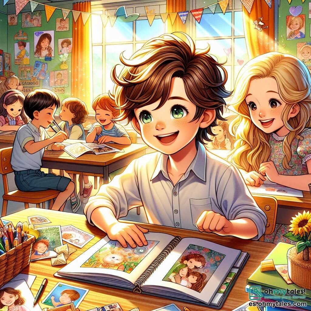 Une illustration sous forme de dessin destinée aux enfants représentant une salle de classe colorée et ensoleillée, avec des murs décorés de dessins d'enfants, où un garçon de 9 ans aux cheveux bruns ébouriffés et aux yeux pétillants, concentré et souriant, est assis à un bureau en bois, tenant un livre de souvenirs rempli de photos et de lettres, tandis qu'à côté de lui, une fille aux cheveux longs et blonds, portant une robe à fleurs, l'encourage avec un sourire radieux, et en arrière-plan, d'autres enfants s'affairent à préparer des cadeaux pour la fête des mères, créant une atmosphère joyeuse et festive.