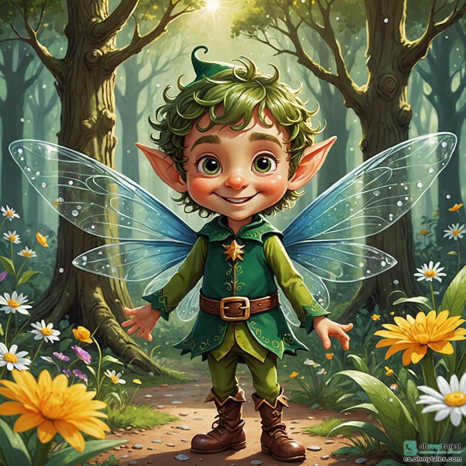 Une illustration destinée aux enfants représentant un petit elfe espiègle aux ailes scintillantes comme des gouttes de rosée, avec un sourire malicieux et des cheveux en désordre, qui se trouve dans le lumineux et enchanté Bosque de las Risas, un lieu magique où les arbres dansent et les fleurs chantent, entouré de ses amis, des elfes joyeux et rieurs, dont une elfe aux ailes brillantes et un elfe aux cheveux bouclés, tous prêts à écouter les blagues du grand arbre rigolo qui se dresse majestueusement au centre du clairière, ses branches ondulant comme des bras accueillants, tandis que le soleil couchant projette des ombres dorées et que l'air est empli de rires et de légèreté.