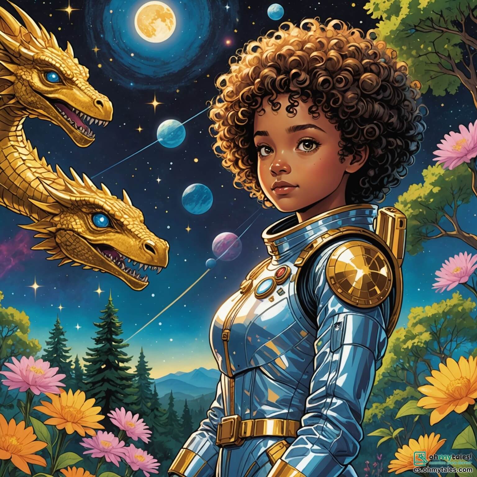 Une illustration destinée aux enfants représentant une jeune femme aux cheveux bouclés et aux yeux pétillants, vêtue d'une combinaison spatiale étincelante, se tenant courageusement à bord de sa navette spatiale aux parois brillantes, alors qu'elle se prépare à sauver un peuple extraterrestre d'une maladie mystérieuse sur un planète colorée, où des arbres aux troncs scintillants et des fleurs luminescentes dansent sous un ciel étoilé, tandis qu'un dragon gardien, majestueux et doré, l'observe avec curiosité.