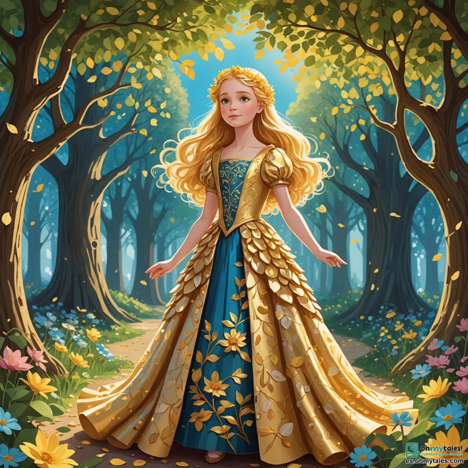 Une illustration destinée aux enfants représentant une jeune fille au cœur pur, aux cheveux dorés scintillant comme des rayons de soleil, vêtue d'une robe faite de pétales de fleurs et de feuilles chatoyantes, se tenant dans un jardin enchanteur où des arbres majestueux aux troncs épais et tortueux s'élèvent vers un ciel d'azur, tandis qu'un prince charmant, élégant et bienveillant, aux yeux pétillants d'espoir, s'approche d'elle avec un sourire chaleureux, entourés de deux sœurs jalouses, aux visages crispés par la rivalité, dans un royaume féerique où les rivières scintillent comme des miroirs et où les oiseaux chantent des mélodies envoûtantes, tout en rêvant d'un bal magique qui pourrait changer leur destin à jamais.