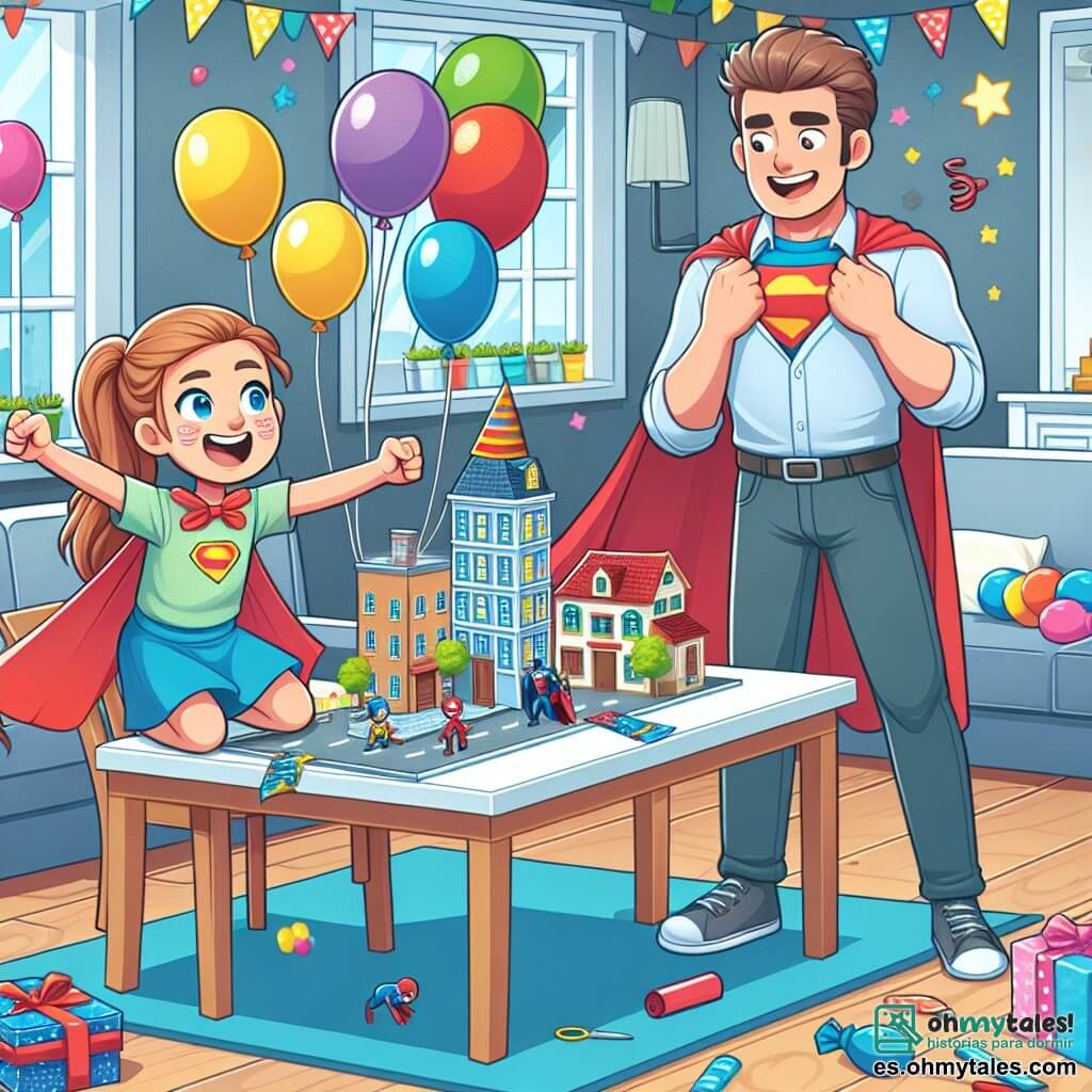 Une illustration destinée aux enfants représentant une fille pleine d'énergie organisant une fête surprise de superhéros pour son père, avec l'aide de son meilleur ami garçon, dans une maison décorée avec des ballons colorés et une table transformée en une ville miniature.