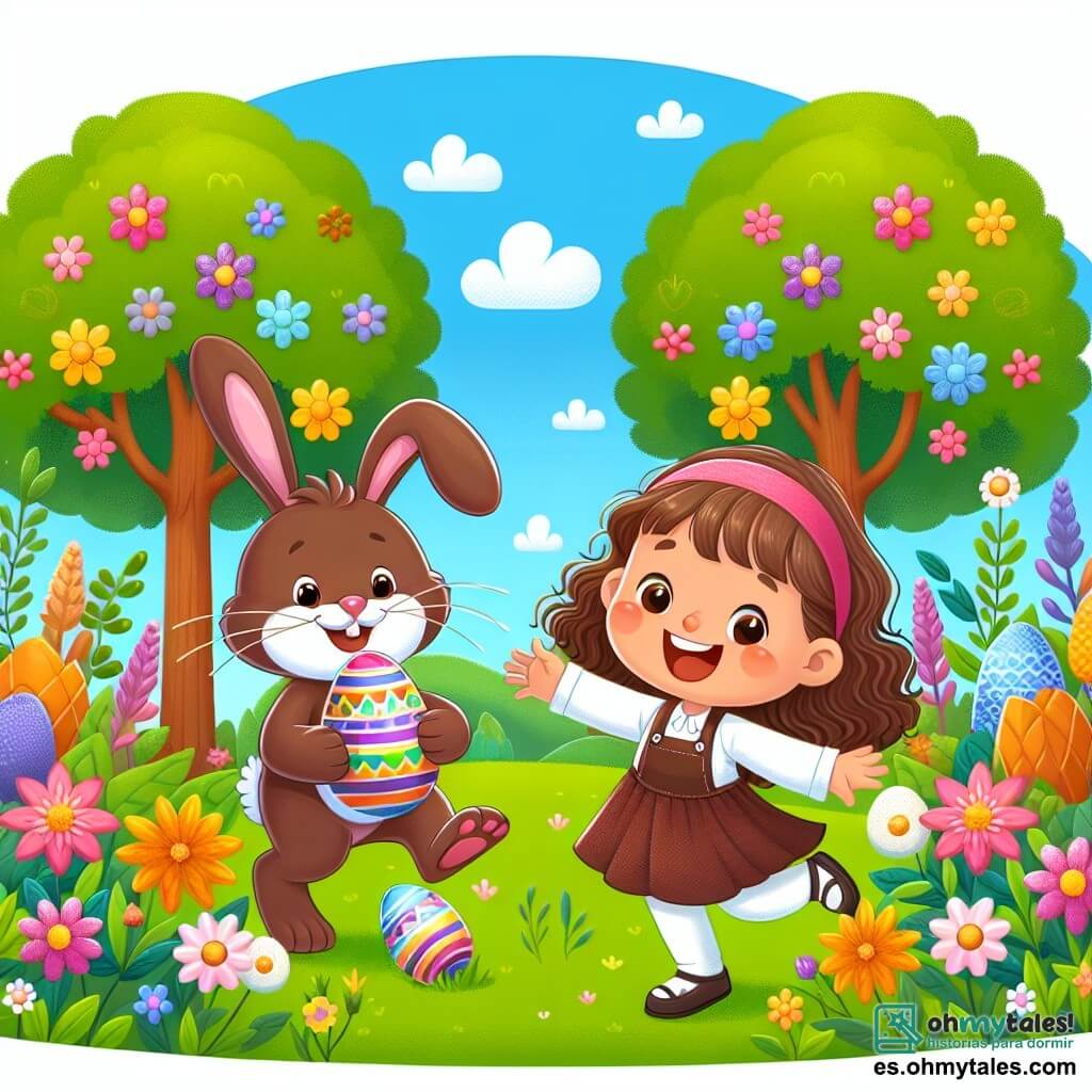 Une illustration destinée aux enfants représentant une fillette excitée par la chasse aux oeufs de Pâques, accompagnée d'un joyeux lapin en chocolat, dans un jardin en fleurs aux couleurs vives et aux arbres dansants.