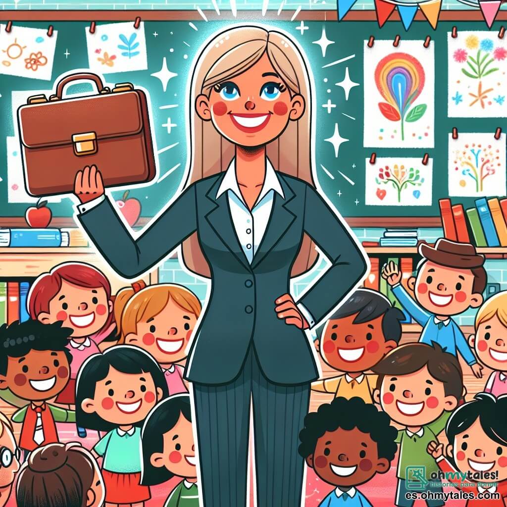 Une illustration destinée aux enfants représentant une institutrice souriante avec une mallette magique, entourée d'enfants joyeux, dans une salle de classe colorée avec des livres et des dessins accrochés aux murs.