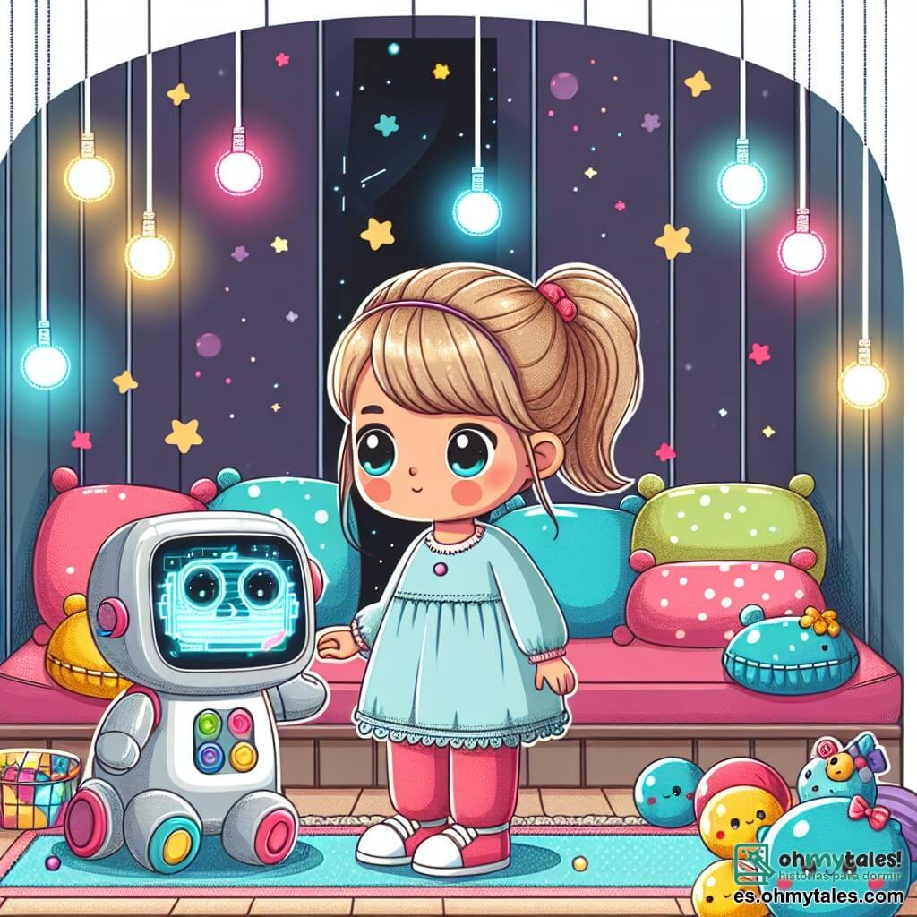 Une illustration destinée aux enfants représentant une fillette curieuse devant un écran lumineux, avec un petit robot à ses côtés, dans une chambre remplie de coussins colorés et de peluches douces.