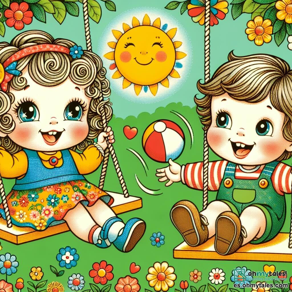 Une illustration sous forme de dessin destinée aux enfants représentant un parc ensoleillé rempli de fleurs colorées, avec une petite fille de 2 ans aux cheveux bouclés et aux yeux pétillants, souriante et jouant sur un balancement, tandis qu'un garçon de son âge, aux cheveux courts et bruns, assis sur un autre balancement, rit joyeusement en lançant une balle rouge, illustrant ainsi le moment où ils deviennent amis en partageant des jeux dans un cadre joyeux et amical.