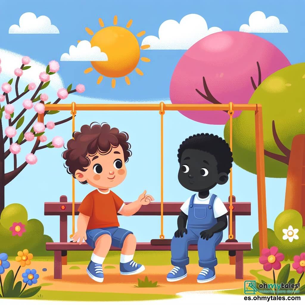 Une illustration destinée aux enfants représentant un petit garçon aux rizos oscuros dans un parc ensoleillé, jouant avec un garçon de peau foncée assis sur un banc, entourés de arbustos florecientes y columpios coloridos.