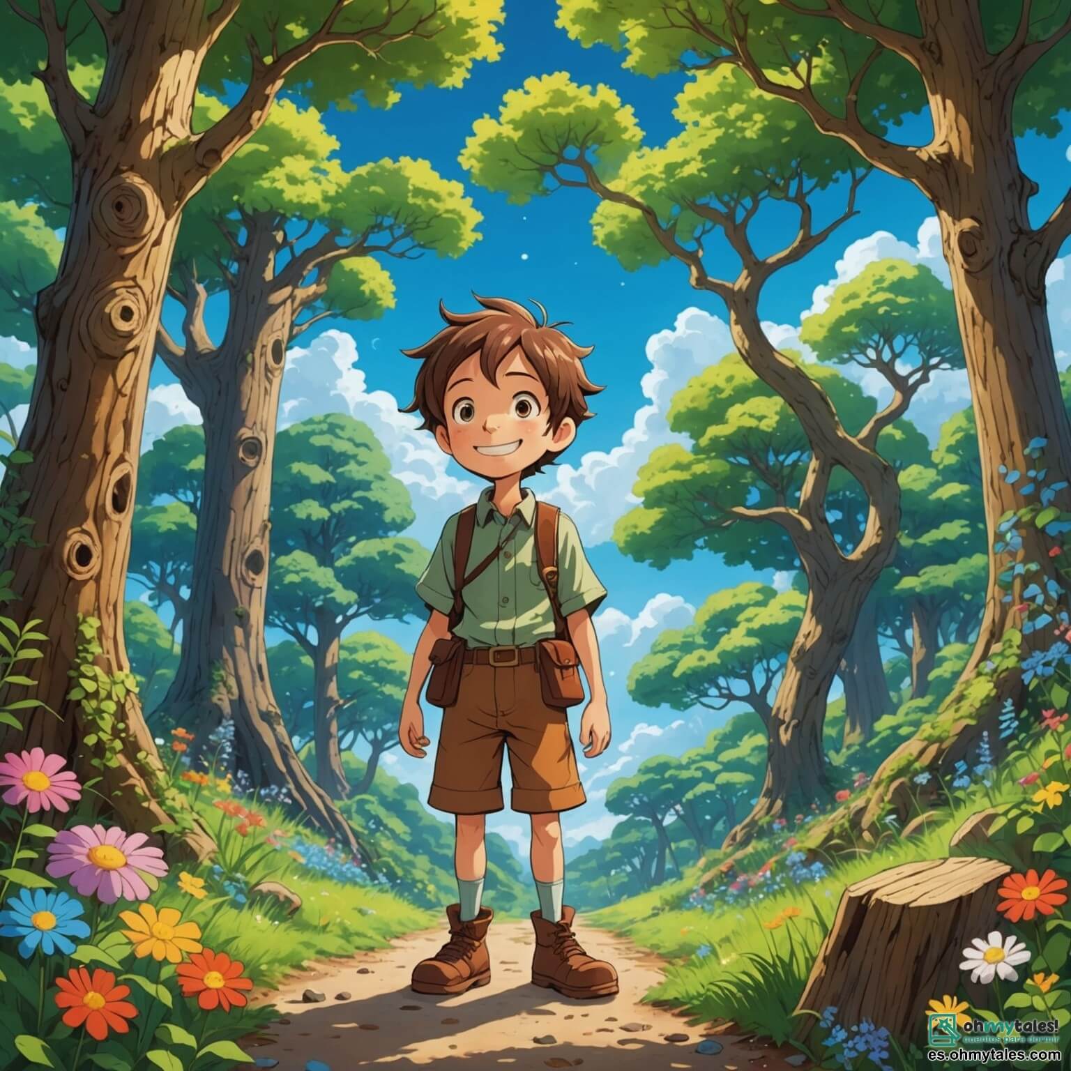 Une illustration destinée aux enfants représentant un petit garçon en bois au sourire malicieux et aux yeux pétillants de curiosité, dont la longue nez trahit ses petites aventures, se tenant au cœur d'un forêt enchantée où les arbres majestueux aux troncs noueux s'élèvent vers un ciel azur parsemé de nuages cotonneux, entouré de fleurs éclatantes de couleurs vives et de ruisseaux scintillants, tandis qu'il est accompagné d'une mariposa dorée, une petite créature ailée aux ailes chatoyantes qui danse dans l'air frais, et d'un sage hibou aux plumes argentées, observant tout avec un regard perçant, alors qu'ils s'unissent pour sauver leur merveilleux refuge des dangers de la pollution et des négligences humaines.