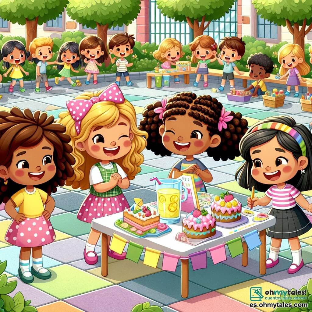 Ilustración que representa un patio escolar colorido y animado, lleno de risas y juegos. El suelo está pavimentado con losas multicolores, y árboles de hojas verdes rodean el espacio, creando una atmósfera alegre. En el centro, un grupo de cuatro niñas, de aproximadamente ocho años, se encuentra alrededor de una mesa decorada con pasteles y limonada. La primera niña, con cabello rizado y castaño, lleva un vestido rosa con lunares y sonríe con entusiasmo. A su lado, otra niña, con cabello largo y rubio, sostiene un cartel colorido que anuncia la venta. La tercera, con trenzas negras, lleva una camiseta azul y parece explicar algo con gestos animados. Finalmente, la cuarta niña, con cabello castaño y liso, está dibujando en una gran hoja de papel, cautivada por su obra. La situación principal muestra a estas amigas unidas en un proyecto de solidaridad, organizando una venta para ayudar a familias necesitadas. Al fondo, niños y padres se reúnen alrededor de los puestos, algunos riendo, otros sosteniendo juguetes y libros, creando una atmósfera de comunidad y compartir. Globos coloridos flotan en el aire, añadiendo un toque de magia a esta escena de generosidad y amistad.