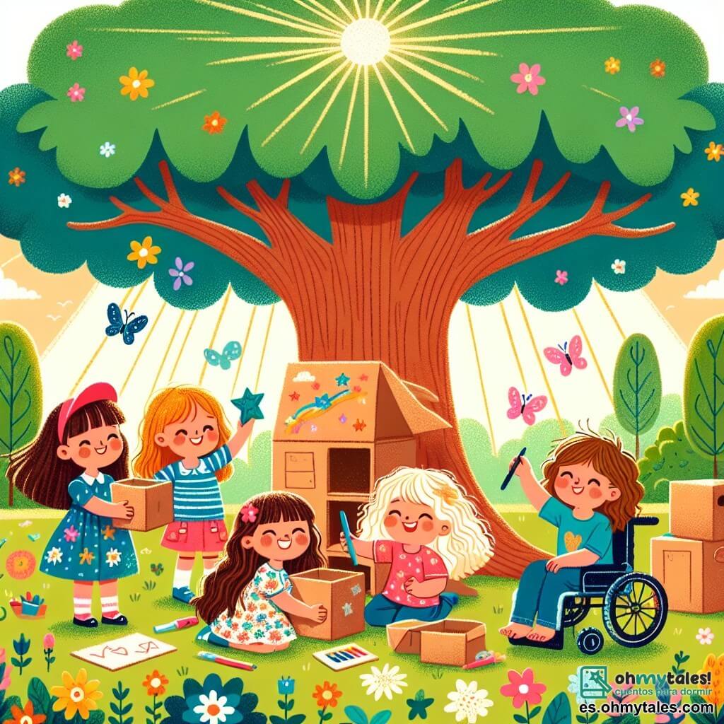 Ilustración que representa un parque soleado, lleno de flores coloridas y árboles majestuosos. En el centro, un gran árbol con hojas verdes brillantes ofrece sombra a un grupo de niñas. Hay cuatro chicas: una de ellas, de unos 8 años, tiene el cabello largo y castaño y lleva una gorra roja; está llena de energía y sonríe ampliamente. Otra niña, de unos 7 años, tiene cabello rubio y lleva un vestido de flores, está dibujando estrellas en una pequeña caja de cartón. La tercera niña, de aproximadamente 9 años, tiene el cabello rizado y lleva una falda colorida, está apilando grandes cajas para construir un fuerte. Finalmente, la cuarta niña, de unos 8 años, tiene el cabello corto y lleva una camiseta azul, está sentada en una silla de ruedas, sonriendo alegremente mientras observa a sus amigas. La escena muestra a las niñas en plena actividad, creando un gran fuerte de cartón, con cajas apiladas y decoradas a su alrededor. Mariposas vuelan alrededor, y la atmósfera es alegre y amistosa, ilustrando el espíritu de colaboración y creatividad. Los rayos del sol se filtran a través de las ramas del árbol, añadiendo un toque mágico a este momento de amistad y juego.