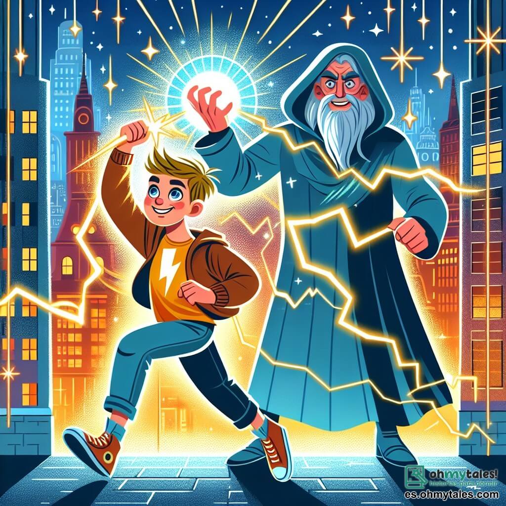 Une illustration destinée aux enfants représentant un jeune garçon doté de pouvoirs électriques, affrontant un redoutable méchant contrôlant les ombres, avec l'aide d'un sage mentor, dans une ville futuriste scintillante de lumières et de couleurs vives.