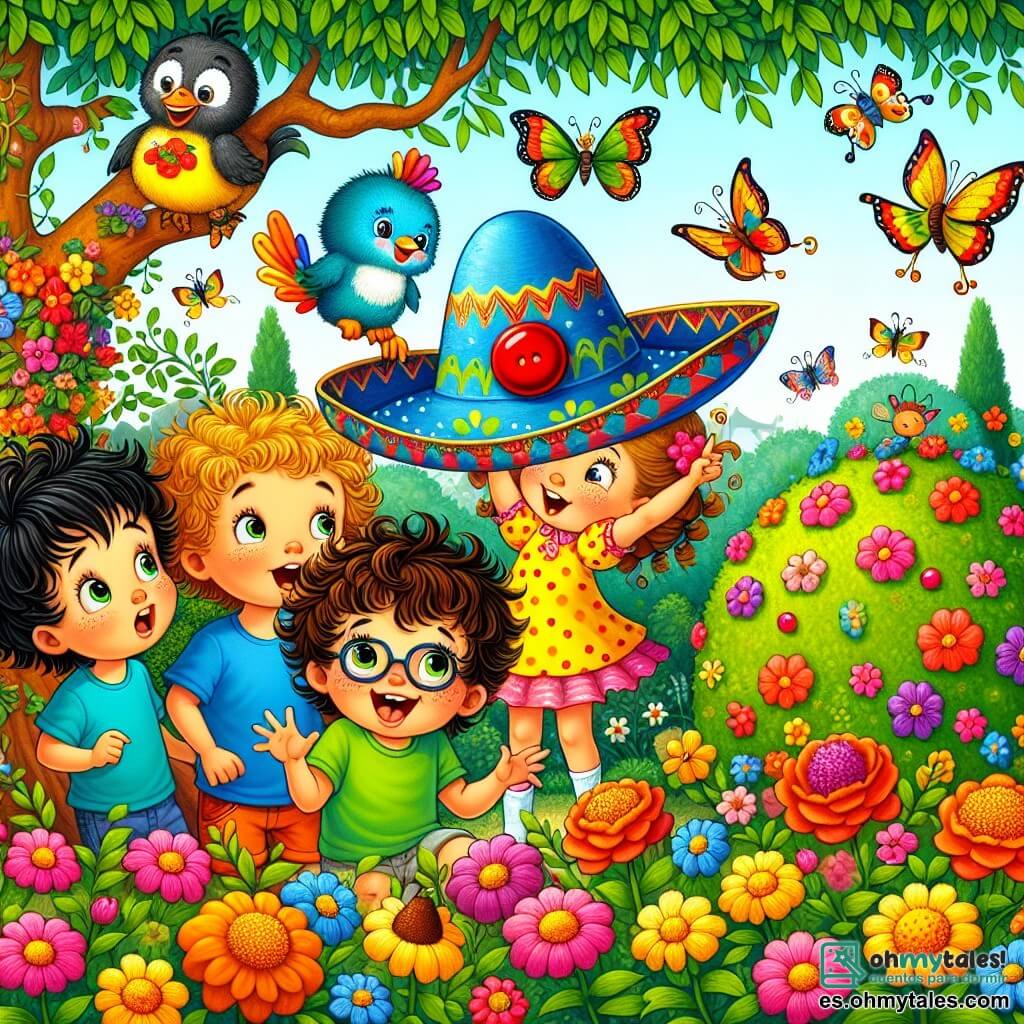 Ilustración de un jardín encantado, lleno de flores coloridas con pétalos brillantes, mariposas revoloteando alegremente y un gran árbol con follaje exuberante. En el centro, un grupo de cuatro niños está reunido: un niño de unos 8 años con cabello castaño desordenado, que lleva una camiseta azul y un short, mira con preocupación un pequeño sombrero azul con un gran botón rojo, atrapado en un arbusto. A su lado, una niña de 7 años con cabello rizado y un vestido amarillo con lunares, sonríe señalando el sombrero, mientras que otro niño de 9 años, con gafas y una camiseta verde, hace una mueca divertida imitando un pato. Por último, una niña de 6 años con trenzas y una falda rosa, ríe a carcajadas, sosteniendo una galleta en su mano. Al fondo, un gato naranja observa con curiosidad, llevando el sombrero en la cabeza, añadiendo un toque de magia y humor a la escena.