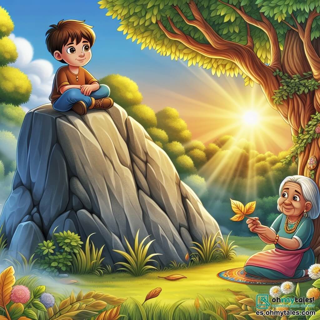 Une illustration sous forme de dessin destinée aux enfants représentant un vaste et ancien rocher au centre d'une clairière verdoyante, baignée par la lumière dorée du soleil couchant, où un garçon de 11 ans aux cheveux châtains et aux yeux pétillants, assis en tailleur, regarde avec émerveillement une feuille dorée tombée de l'arbre majestueux à ses côtés, tandis qu'une vieille femme aux cheveux argentés et au sourire bienveillant, vêtue d'une robe colorée, tisse une belle tapisserie à proximité, symbolisant la quête de réponses et de sagesse dans un monde rempli de mystères.