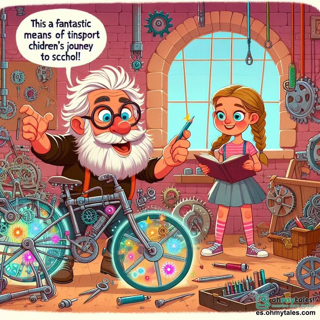Une illustration sous forme de dessin destinée aux enfants représentant un atelier coloré et désordonné rempli d'engrenages et de machines étranges, où un homme de stature moyenne avec des cheveux gris et une grande barbe, portant des lunettes surdimensionnées, est en train de travailler avec enthousiasme sur une bicycle magique, tandis qu'une petite fille aux yeux brillants et à la coiffure en tresses, tenant un bloc-notes, l'observe avec admiration et lui propose des idées, illustrant ainsi leur collaboration joyeuse pour inventer un moyen de transport fantastique qui facilite le chemin des enfants vers l'école.