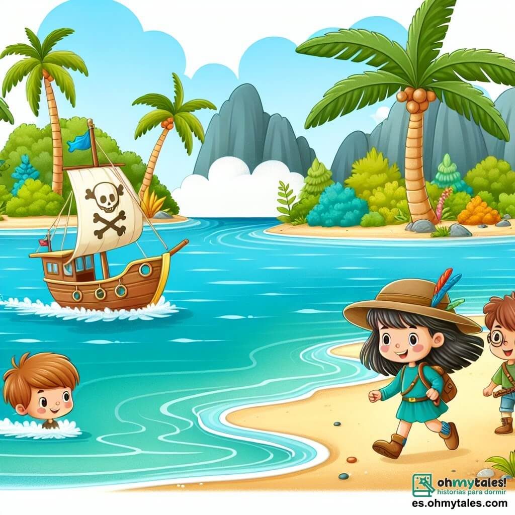 Une illustration destinée aux enfants représentant une petite exploratrice courageuse, accompagnée de ses amis, un garçon aventurier et une fille intrépide, partant à la découverte d'une île mystérieuse entourée d'eaux turquoise et bordée de palmiers luxuriants.