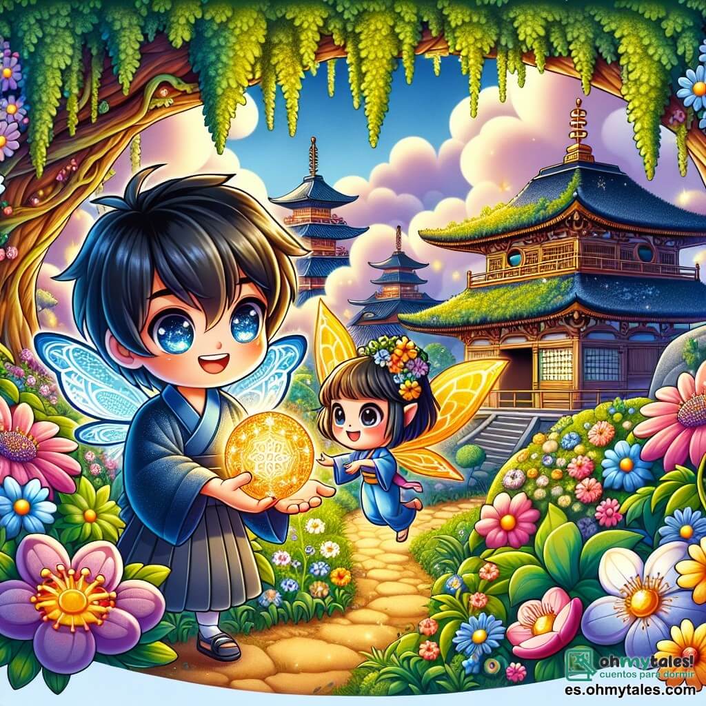 Une illustration sous forme de dessin destinée aux enfants représentant un jardin enchanté japonais, rempli de fleurs colorées et d'un ancien temple recouvert de mousse, où un jeune garçon aux cheveux noirs et aux yeux pétillants, vêtu d'un kimono bleu, tient une sphère lumineuse dans ses mains, entouré d'une petite fée aux ailes dorées et au sourire éclatant, qui lui montre le chemin vers un arbre majestueux, symbolisant la découverte de la sagesse et de la lumière dans un monde magique.