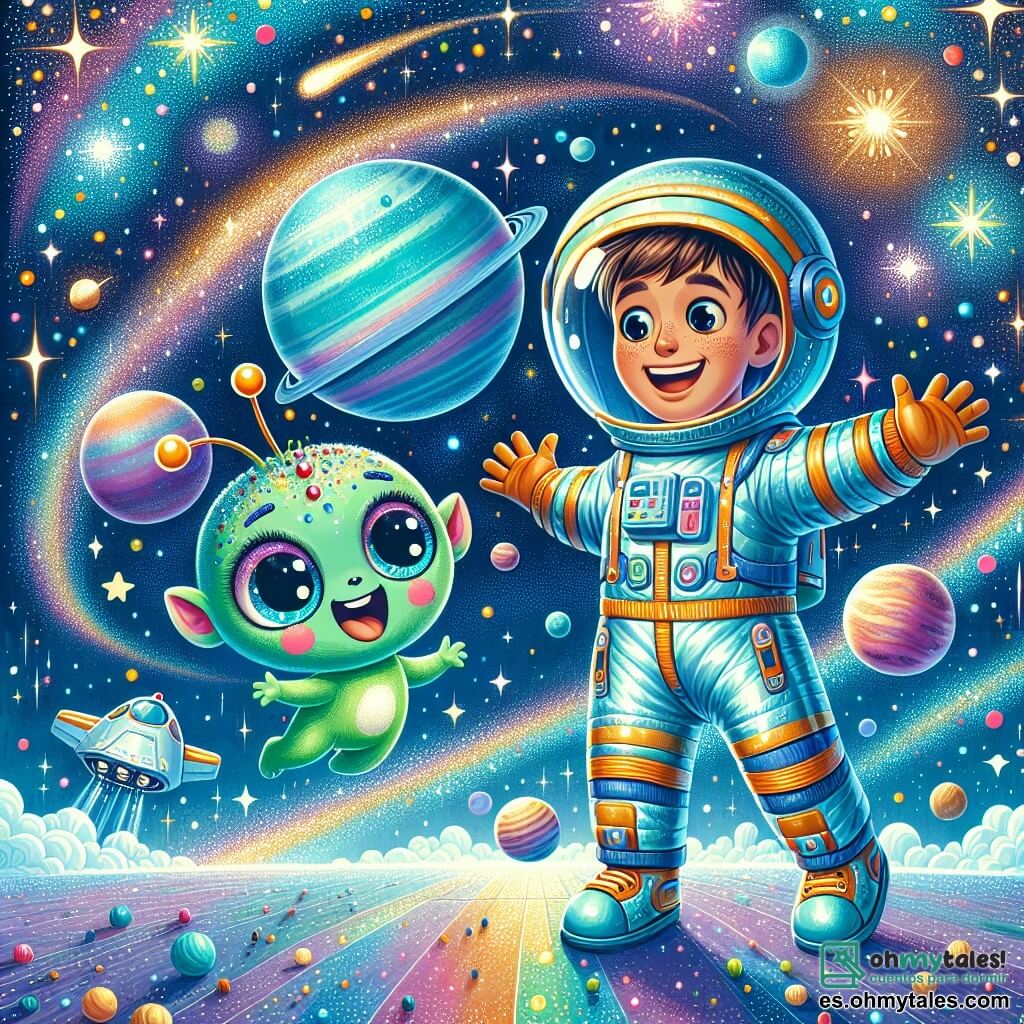 Ilustración que representa un paisaje espacial de ensueño, con un vasto cielo estrellado salpicado de planetas coloridos, incluyendo un gran planeta azul con matices brillantes. En primer plano, un hombre con cabello castaño y ojos chispeantes de entusiasmo lleva un traje espacial brillante y moderno. Sonríe y extiende la mano hacia un pequeño ser verde que parece un extraterrestre alegre, con grandes ojos redondos y antenas en la cabeza. Este último, que parece tener la edad de un niño, salta de alegría con los brazos levantados hacia el cielo. La escena irradia una atmósfera de camaradería y aventura, con estrellas brillando de fondo y una pequeña nave espacial flotando suavemente a su lado. Elementos como cometas coloridas y nubes de polvo estelar añaden un toque mágico a la ilustración.